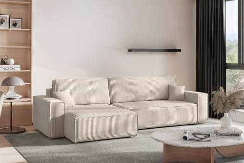 Kaiser Möbel - Ecksofa mit Schlaffunktion und Bettkasten, Schlafsofa mit Bettzeugbehälter, Wohnlandschaft L-Form, Klappsofa, Relaxsofa, Cordstoff, Bequemes Couch für Wohnzimmer, Best XL, Beige, Links Kaiser Möbel - Ecksofa mit Schlaffunktion und Bettkasten, Schlafsofa mit Bettzeugbehälter, Wohnlandschaft L-Form, Klappsofa, Relaxsofa, Cordstoff, Bequemes Couch für Wohnzimmer, Best XL, Beige, Links von Kaiser Möbel