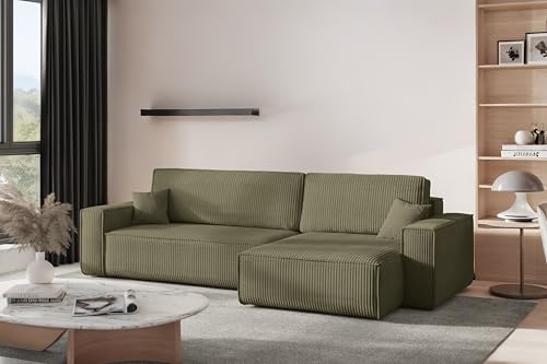 Kaiser Möbel - Ecksofa mit Schlaffunktion - Big Sofa - 274 x 142 cm - Cord Stoff, L Form, XXL, mit Bettkasten - Große Liegefläche 230 x 140 cm - Eckcouch, Wohnlandschaft - Best XL Rechts, Olive von Kaiser Möbel