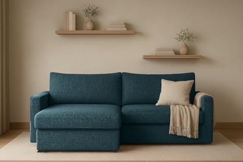 Kaiser Möbel - Ecksofa mit Schlaffunktion und Bettkasten - Eckcouch 224x140x85 cm - Sofa L Form, Wohnlandschaft - Bequemes Sofa mit Ottomane - LUBEKA - Stoff Faro - Azurblau - Links von Kaiser Möbel