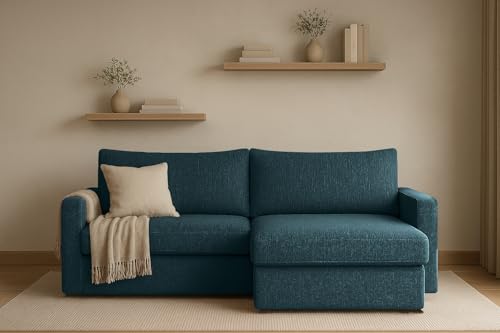 Kaiser Möbel - Ecksofa mit Schlaffunktion und Bettkasten - Eckcouch 224x140x85 cm - Sofa L Form, Wohnlandschaft - Bequemes Sofa mit Ottomane - LUBEKA - Stoff Faro - Azurblau - Rechts von Kaiser Möbel