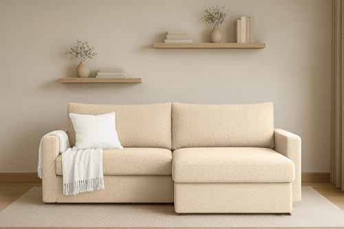 Kaiser Möbel - Ecksofa mit Schlaffunktion und Bettkasten - Eckcouch 224x140x85 cm - Sofa L Form, Wohnlandschaft - Bequemes Sofa mit Ottomane - LUBEKA - Stoff Faro - Ecru - Rechts von Kaiser Möbel