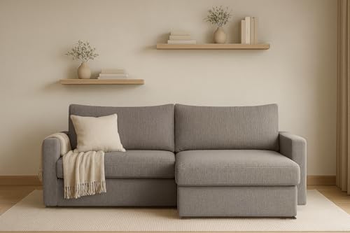 Kaiser Möbel - Ecksofa mit Schlaffunktion und Bettkasten - Eckcouch 224x140x85 cm - Sofa L Form, Wohnlandschaft - Bequemes Sofa mit Ottomane - LUBEKA - Stoff Faro - Hellbraun - Rechts von Kaiser Möbel