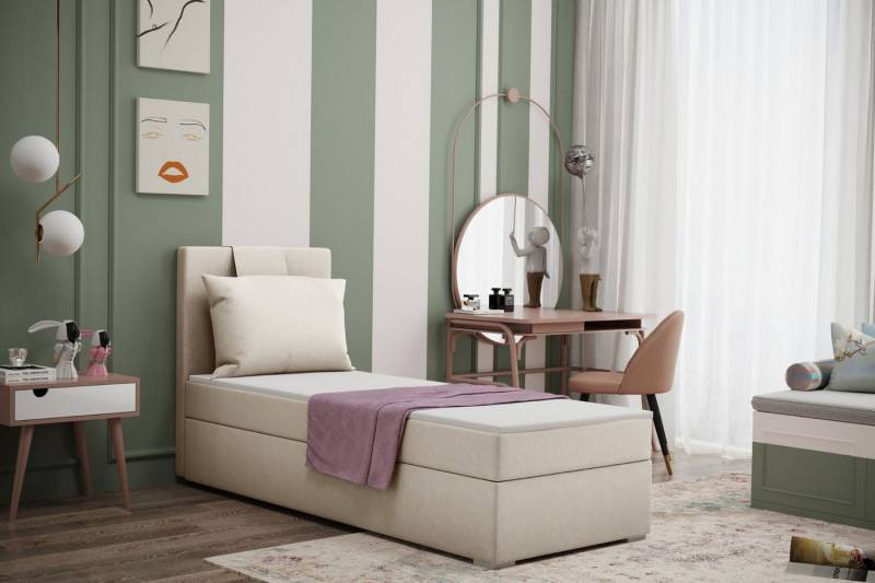 Kaiser Möbel Kinderbett Boxspringbett mit bettkasten matratze topper AMANDA viele farben (Komplettset: Bett + Matratze + Topper + Kissen), Gepolsterte Bettkästen mit Rundungen,Inklusive Kissen von Kaiser Möbel