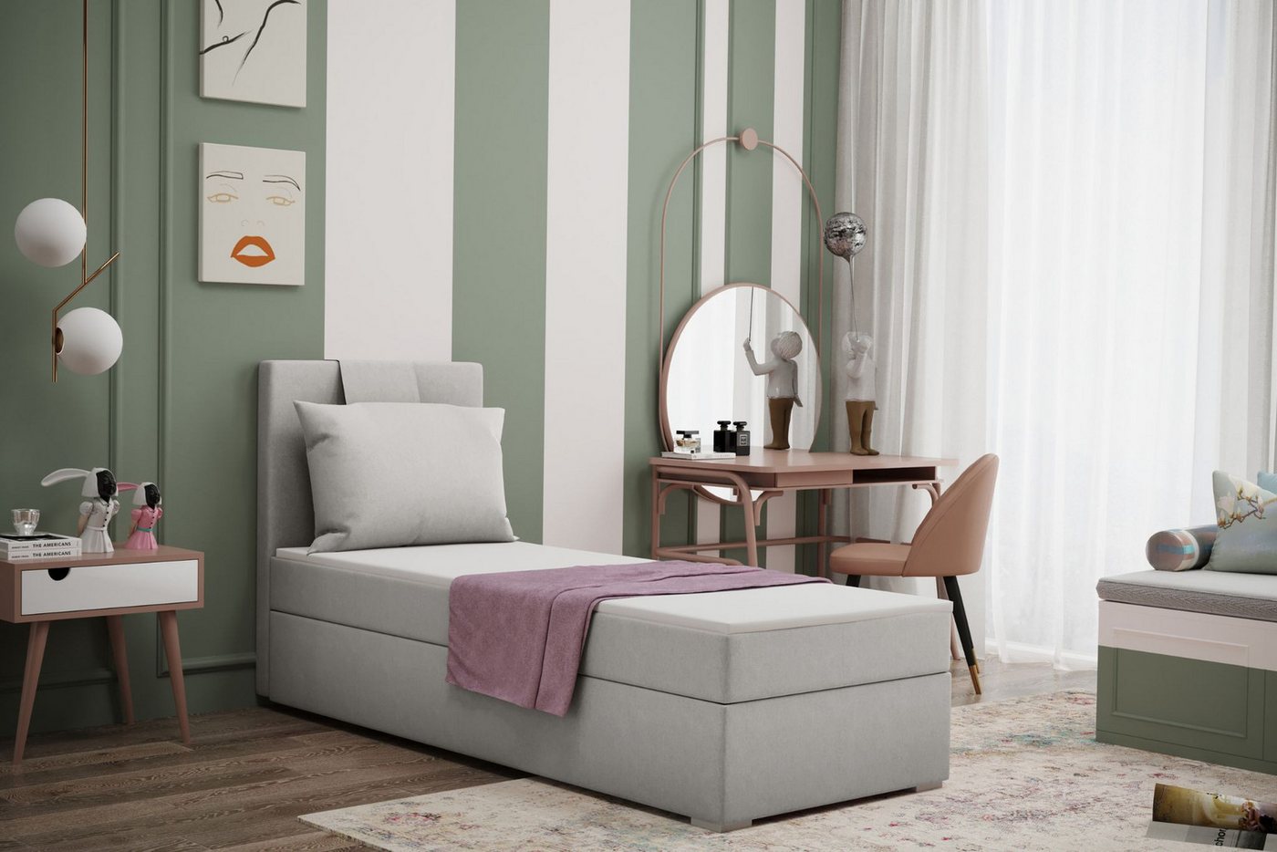 Kaiser Möbel Kinderbett Boxspringbett mit bettkasten matratze topper AMANDA viele farben (Komplettset: Bett + Matratze + Topper + Kissen), Gepolsterte Bettkästen mit Rundungen,Inklusive Kissen von Kaiser Möbel