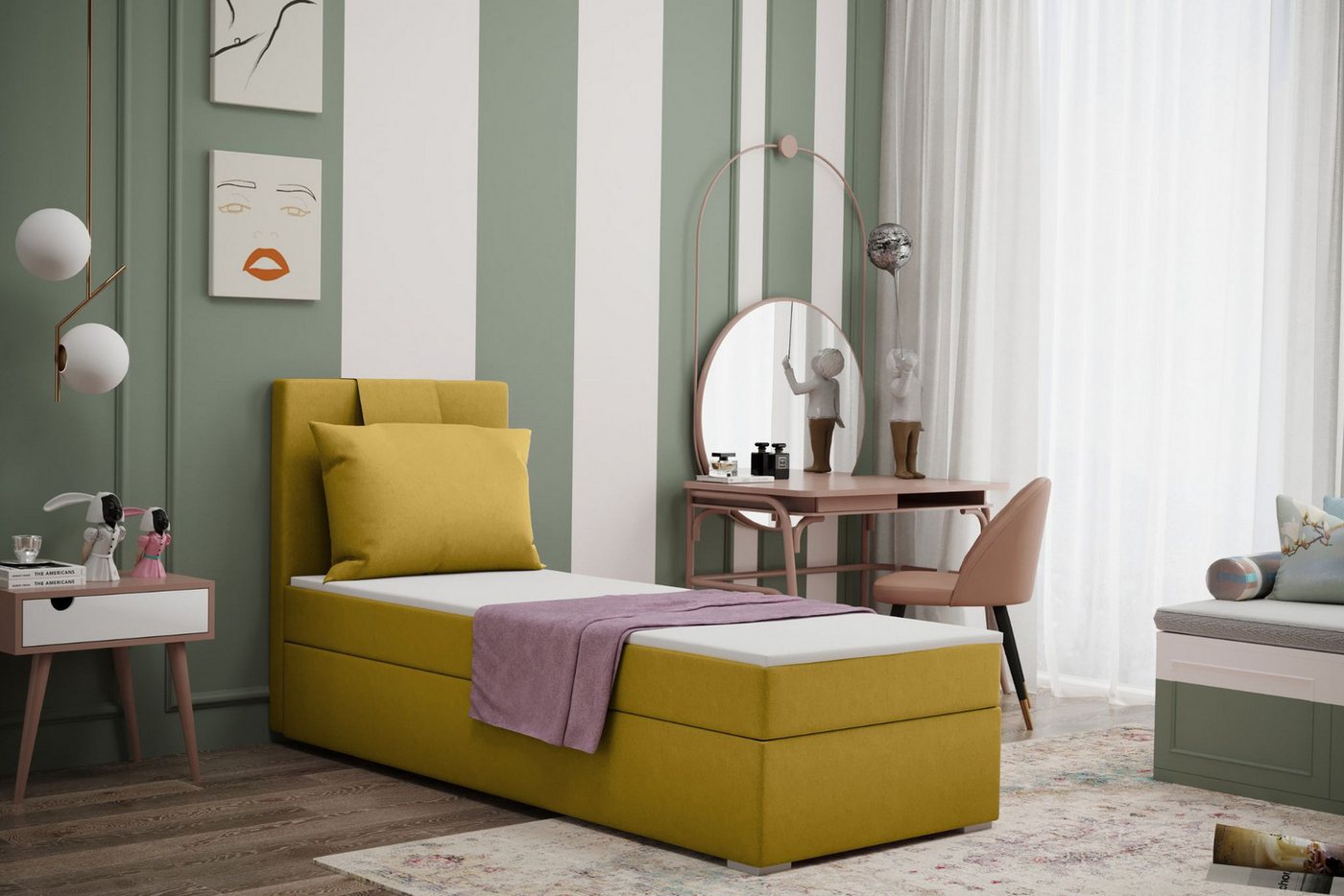 Kaiser Möbel Kinderbett Boxspringbett mit bettkasten matratze topper AMANDA viele farben (Komplettset: Bett + Matratze + Topper + Kissen), Gepolsterte Bettkästen mit Rundungen,Inklusive Kissen von Kaiser Möbel