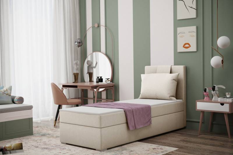 Kaiser Möbel Kinderbett Boxspringbett mit bettkasten matratze topper AMANDA viele farben (Komplettset: Bett + Matratze + Topper + Kissen), Gepolsterte Bettkästen mit Rundungen,Inklusive Kissen von Kaiser Möbel