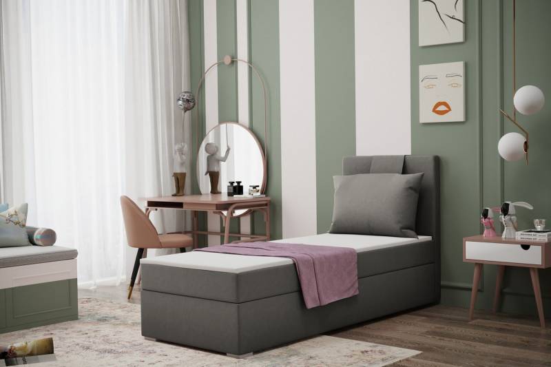 Kaiser Möbel Kinderbett Boxspringbett mit bettkasten matratze topper AMANDA viele farben (Komplettset: Bett + Matratze + Topper + Kissen), Gepolsterte Bettkästen mit Rundungen,Inklusive Kissen von Kaiser Möbel