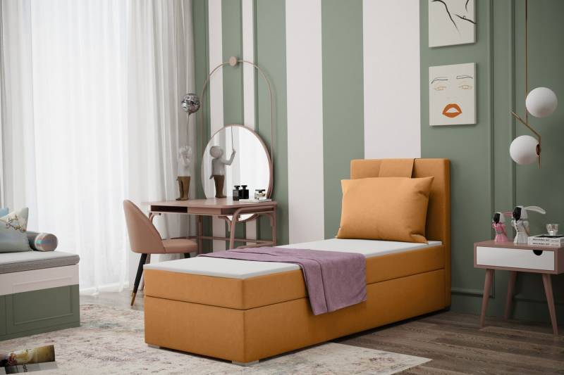 Kaiser Möbel Kinderbett Boxspringbett mit bettkasten matratze topper AMANDA viele farben (Komplettset: Bett + Matratze + Topper + Kissen), Gepolsterte Bettkästen mit Rundungen,Inklusive Kissen von Kaiser Möbel