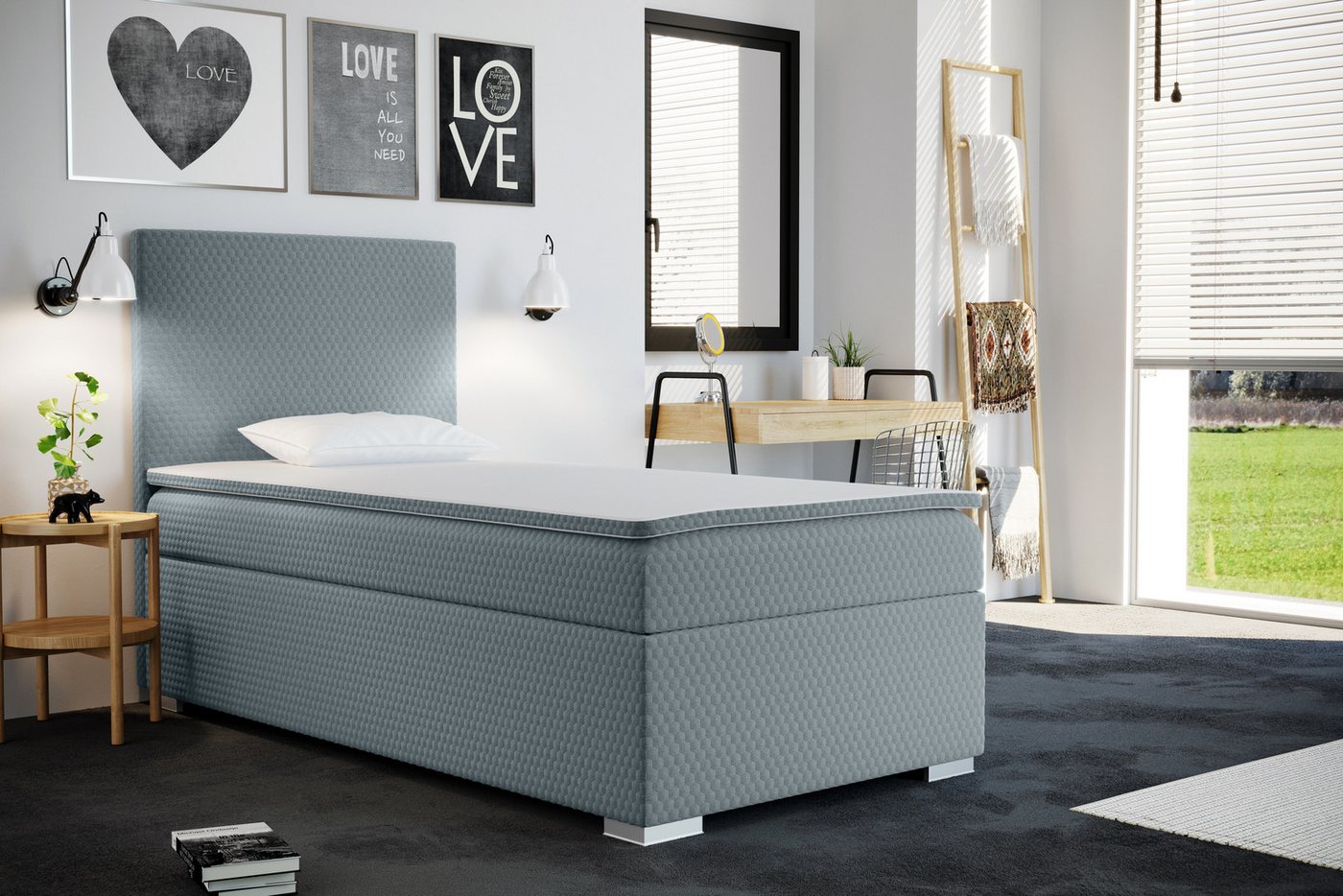 Kaiser Möbel Kinderbett Boxspringbett mit bettkasten matratze topper ICON (Komplettset (Bett + Matratze + Topper), Kinderbett mit Matratze und Topper, Komplettset), Gepolsterte Seiten mit Rundungen,3D-geprägter Bezug (SAWANA) von Kaiser Möbel