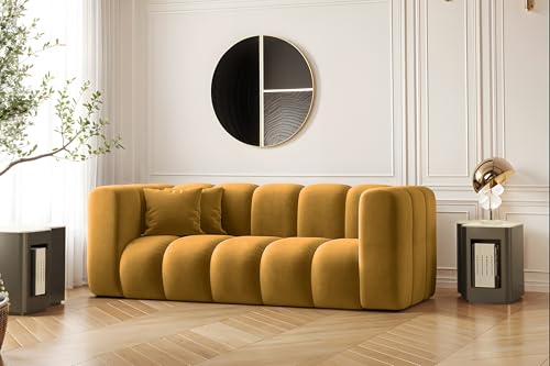 Kaiser Möbel - Sofa 2 Sitzer - 2er Couch - 91x197x70 cm - Relaxsofa Wohnzimmer, Jugendzimmer - HR-Schaum, Gewellte Feder, 2 dekorative Kissen - Sofa Modern - Grand - Stoff Salvador - Gelb von Kaiser Möbel