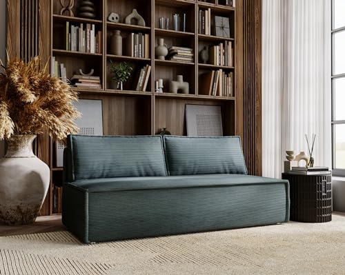 Kaiser Möbel Sofa Duo - Klappsofa mit Schlaffunktion, Schlafsofa Couch, Loungesofa Bettsofa, Wohnzimmer, Schlafzimmer, ​POSO Stoff- Cord 90 x 200 x 92 cm Azurblau von Kaiser Möbel