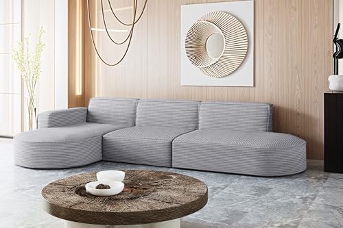 Kaiser Möbel - Ecksofa mit Wohnlandschaft, Eckcouch L Form, Sofa 3-sitzer, Polstersofa, Bigsofa, Bequemes Couch mit Ottomane für Wohnzimmer, Relaxsofa, Stilvolles Cord Sofa, Modena L, Hellgrau, Links von Kaiser Möbel