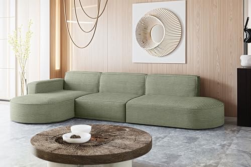 Kaiser Möbel - Sofa L Form - Ecksofa Cord - 296 cm lang, 165 cm breit - Wohnzimmer Couch Extra Groß, Bequemer Sitz mit gewellten Federn und HR Schaum - Modena Sofa Hellgrün - Ottomane Links von Kaiser Möbel