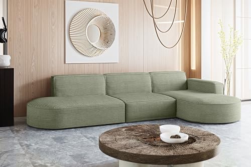 Kaiser Möbel - Sofa L Form - Ecksofa Cord - 296 cm lang, 165 cm breit - Wohnzimmer Couch Extra Groß, Bequemer Sitz mit gewellten Federn und HR Schaum - Modena Sofa Hellgrün - Ottomane Rechts von Kaiser Möbel