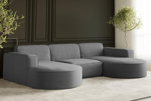 Kaiser Möbel - Sofa U Form - Ecksofa Cord - 299 cm lang, 165 cm breit - Big Sofa, Wohnzimmer Couch Extra Groß, Relaxsofa, Wohnlandschaft U Form XXL - Modena Sofa Silber von Kaiser Möbel