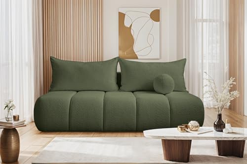 Kaiser Möbel - Sofa mit Schlaffunktion und Bettkasten - Couch 3 Sitzer - 207 x 103 cm - Klappsofa, Relaxsofa Wohnzimmer, Schlafsofa ohne Armlehnen - Aesthetic, Skandinavisch - Piano Boucle Olive von Kaiser Möbel