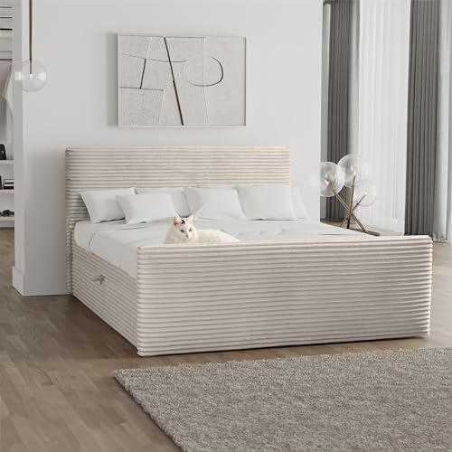 Kaiser Möbel Trento Boxspringbett mit bettkasten und Topper 160 x 200 cm Matratze Doppelbett Bettgestell Stilvoll Schlafzimmer Rahmenbettgestell Stoff Velo Ecru von Kaiser Möbel