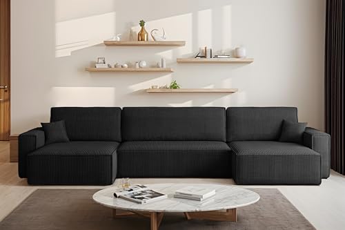 Kaiser Möbel - Wohnlandschaft U Form - Ecksofa mit Schlaffunktion und Bettkasten - Eckcouch 372x142x83 cm - Big Sofa, Couch, Relaxsofa, Schlafsofa - Best U XL - Stoff Poso - Schwarz von Kaiser Möbel