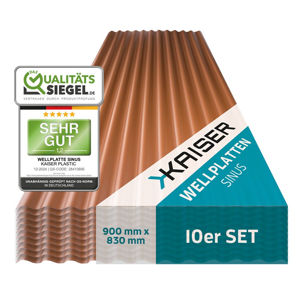 Kaiser plastic Wellplatte in verschiedenen Größen & Farben - Extra Robust (PC), 1,2 mm, (Dachplatten C-Struktur 1,2mm Stärke, Sinus 76/18 Welldach, 10-St., Lichtwellplatten), Made in Germany - Hagelfest & UV-Schutz - Kupfer - Größe: 90 x 83 cm von Kaiser plastic