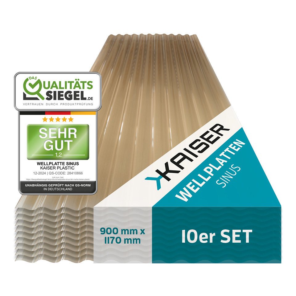 Kaiser plastic Wellplatte in verschiedenen Größen & Farben - Extra Robust (PC), 1,2 mm, (Dachplatten C-Struktur 1,2mm Stärke, Sinus 76/18 Welldach, 10-St., Lichtwellplatten), Made in Germany - Hagelfest & UV-Schutz - Bronze - Größe: 90 x 83 cm von Kaiser plastic