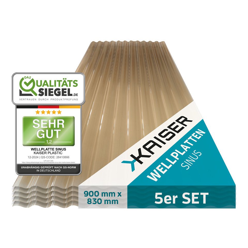 Kaiser plastic Wellplatte in verschiedenen Größen & Farben - Extra Robust (PC), 1,2 mm, (Dachplatten C-Struktur 1,2mm Stärke, Sinus 76/18 Welldach, 5-St., Lichtwellplatten), Made in Germany - Hagelfest & UV-Schutz - Bronze - Größe: 90 x 83 cm von Kaiser plastic