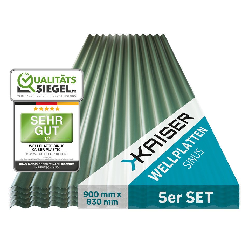 Kaiser plastic Wellplatte in verschiedenen Größen & Farben - Extra Robust (PC), 1,2 mm, (Dachplatten C-Struktur 1,2mm Stärke, Sinus 76/18 Welldach, 5-St., Lichtwellplatten), Made in Germany - Hagelfest & UV-Schutz - Grün - Größe: 90 x 83 cm von Kaiser plastic