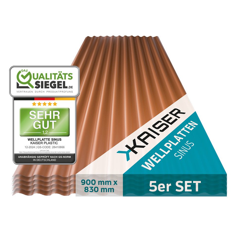 Kaiser plastic Wellplatte in verschiedenen Größen & Farben - Extra Robust (PC), 1,2 mm, (Dachplatten C-Struktur 1,2mm Stärke, Sinus 76/18 Welldach, 5-St., Lichtwellplatten), Made in Germany - Hagelfest & UV-Schutz - Kupfer - Größe: 90 x 83 cm von Kaiser plastic