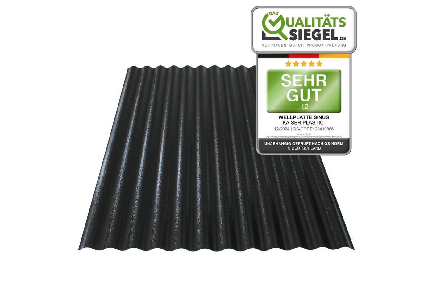 Kaiser plastic Wellplatte in verschiedenen Größen & Farben - Extra Robust (PC), 1,2 mm, (Dachplatten C-Struktur 1,2mm Stärke, Sinus 76/18 Welldach, 5-St., Lichtwellplatten), Made in Germany - Hagelfest & UV-Schutz - Schwarz - Größe: 90 x 117cm von Kaiser plastic