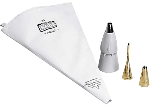 Original Kaiser Inspiration Spritzbeutel Set 5-teilig, wiederverwendbarer Spritzbeutel mit Tüllen, Adapter und 3 Spritztüllen, kochfest, Schneidehilfslinie, spülmaschinengeeignet von ORIGINAL KAISER