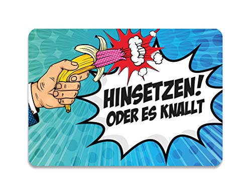 KaiserstuhlCard Magnete WC Schild Hinsetzen oder es knallt 14,8 cm x 10,5 cm Toilette selbstklebend Comic Aufkleber Türschild Tür Haus Büro Praxis Geschäft Sitz Toilettensitz WC-Sitz Zubehör von KaiserstuhlCard Magnete