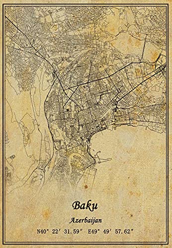 Azerbaidschan Baku Map Wandkunst, Poster, Leinwanddruck, Vintage-Stil, ungerahmt, Dekoration, Geschenk, 28 x 35 cm von Kaisrlse