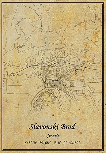 Kroatien Slavonski Brod Map Wall Art Poster Canvas Print Vintage Style ungerahmt Decor Geschenk 61 x 91 cm von Kaisrlse