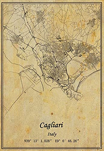 Leinwanddruck mit italienischer Cagliari-Karte, Vintage-Stil, ungerahmt, Dekoration, Geschenk, 22,9 x 27,9 cm von Kaisrlse