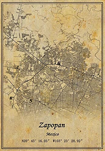 Mexiko Zapopan Landkarte, Wandkunst, Poster, Leinwanddruck, Vintage-Stil, ungerahmt, Dekoration, Geschenk, 22,9 x 27,9 cm von Kaisrlse