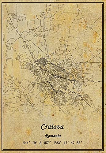 Rumänien Craiova Landkarte Kunstdruck auf Leinwand, Vintage-Stil, ungerahmt, Dekoration, Geschenk, 61 x 91 cm von Kaisrlse