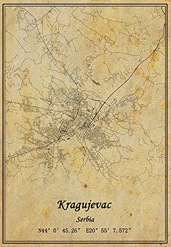 Serbien Kragujevac Landkarte Kunstdruck auf Leinwand, Vintage-Stil, ungerahmt, Dekoration, Geschenk, 22,9 x 27,9 cm von Kaisrlse
