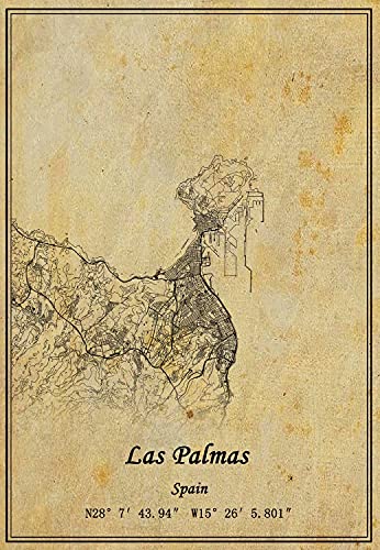 Spanien Las Palmas Landkarte Kunstdruck auf Leinwand, Vintage-Stil, ungerahmt, Dekoration, Geschenk, 45,7 x 61 cm von Kaisrlse