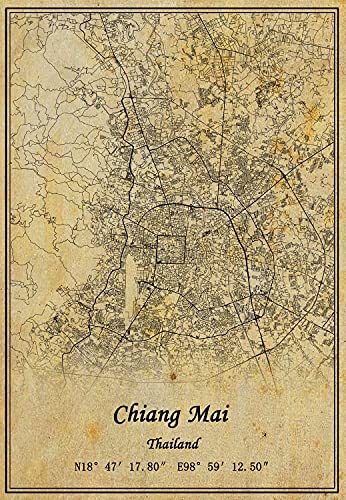 Thailand Chiang Mai Landkarte Kunstdruck auf Leinwand, Vintage-Stil, ungerahmt, Dekoration, Geschenk, 45,7 x 61 cm von Kaisrlse