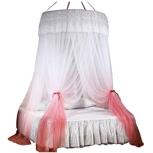 Kaiyei Moskitonetz Universal Himmelbett Drei Türen Farbig Insektennetz Bett für Doppel, Einzel, Kinderbetten, Prinzessin Rund mit Klebehaken Schlafzimmer Palast Europäischer Stil Pink 180cm×200cm von Kaiyei