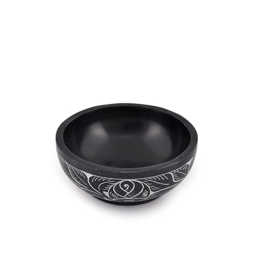 Kaizen Casa Handgeschnitzte Schale aus Naturstein, Smudge Bowl, Smudge Topf, weißes Blatt geschnitztes Design, Größe: 12,7 cm x 5,08 cm, Schwarz von Kaizen Casa