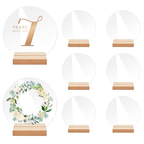 Kaizuca 8 Stück Tischnummern aus Acryl , mit Kartenhalter aus Holz, Wiederverwendbare Tischnummern, runde Blanko-Acrylplattenschilder für Geburtstag, Taufe, Hochzeit Tischdeko von Kaizuca