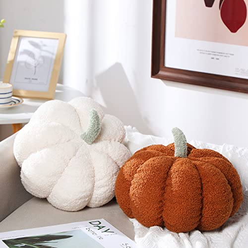 2 Stück Simuliertes Kürbis Zierkissen Plüschkissen 3D Kürbis Förmiges Kissen Gemütliche Herbst Gefüllte Dekokissen für Erntedankfest Weihnachten Halloween Schlafzimmer (Weiß, Braun) von Kajaia