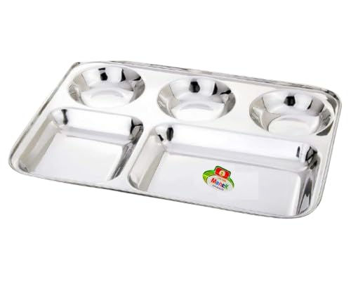 Kajal Edelstahl 3 Pack Thali Rechteckig, Geteilte Teller mit 5 Sektionen für Abendessen, Kinder, Camper, Portion Control - Edelstahl Tablett für Erwachsene & Picky Eaters von Kajal