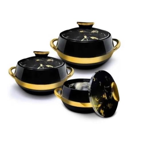 Kajal Küchen-Thermoschalen 3er-Set | Edelstahl Lebensmittelbehälter Wärmefunktion (1000 ml, 1500 ml, 2000 ml) | Isoliert, langlebig, stylisch, schwarz-gold von Kajal