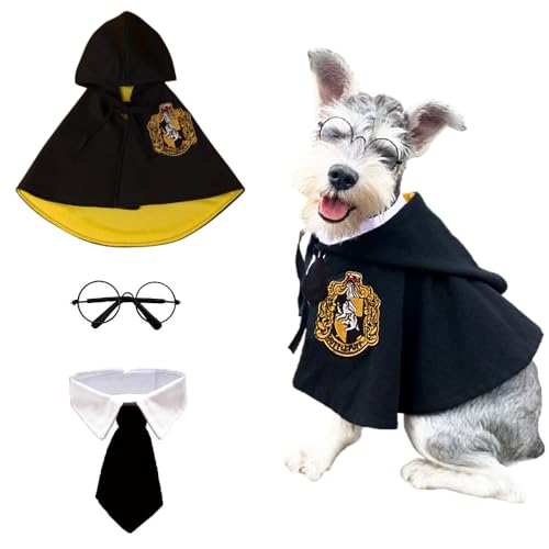 Halloween Zauberer-Kostüm, 3-teiliges Set, Umhang, Brille, Krawatte für Katzen, kleine Hunde, Haustierakademie, Magier, Cosplay-Outfit (schwarz + rot, klein) von Kajfjad