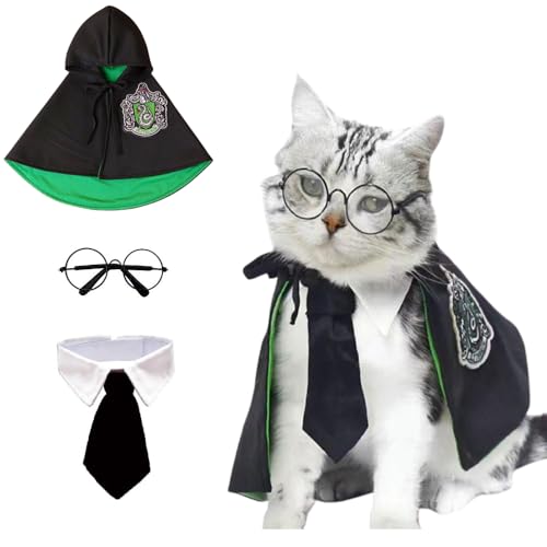 Halloween Zauberer-Kostüm, 3-teiliges Set, Umhang, Brille, Krawatte für Katzen, kleine Hunde, Haustierakademie, Magier, Cosplay-Outfit (schwarz + rot, klein) von Kajfjad