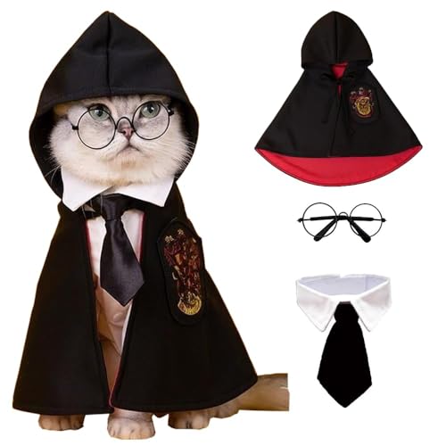 Halloween Zauberer-Kostüm, 3-teiliges Set, Umhang, Brille, Krawatte für Katzen, kleine Hunde, Haustierakademie, Magier, Cosplay-Outfit (schwarz + rot, klein) von Kajfjad