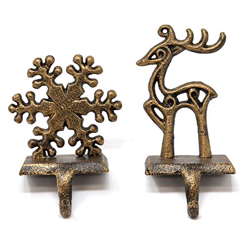 Kajfjad Weihnachtsstrumpfhalter, Vintage-Metall-Rentier und Schneeflocken-Kleiderbügel für Kaminsims oder Kamin, festliches Urlaubsdekor-Set (2er-Pack) von Kajfjad
