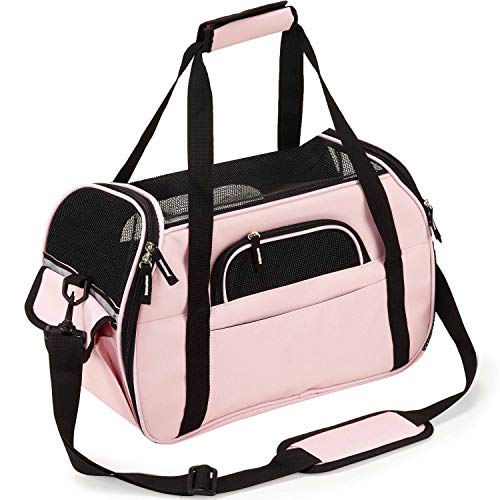 PETTOM Transportbox für Hunde und Katzen, faltbar, wasserdicht, mit Schultergurt, weich gepolstert, für Reisen im Flugzeug, Auto oder Zug, für Haustiere (Rosa, L: 47 * 23 * 28 cm) von PETTOM