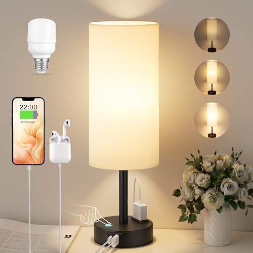 Kakanuo Nachttischlampe Touch Dimmbar, Tischlampe mit USB A+C+Steckdose Ladefunktion, Lampenschirm aus Leinenstoff, Lampe für Nachttisch Wohnzimmer Schlafzimmer Kinderzimmer Büro(Inklusive Birne) von Kakanuo